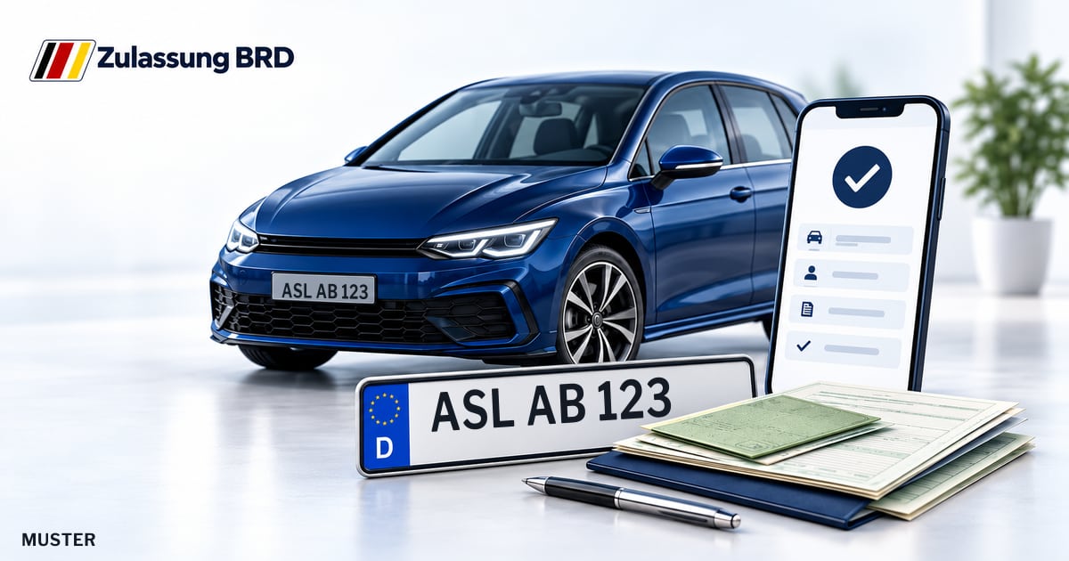 Online Fahrzeugzulassung in Salzlandkreis: Musterkennzeichen ASL AB 123, Auto und Fahrzeugpapiere und Smartphone. Illustration mit Logo von Zulassung BRD.